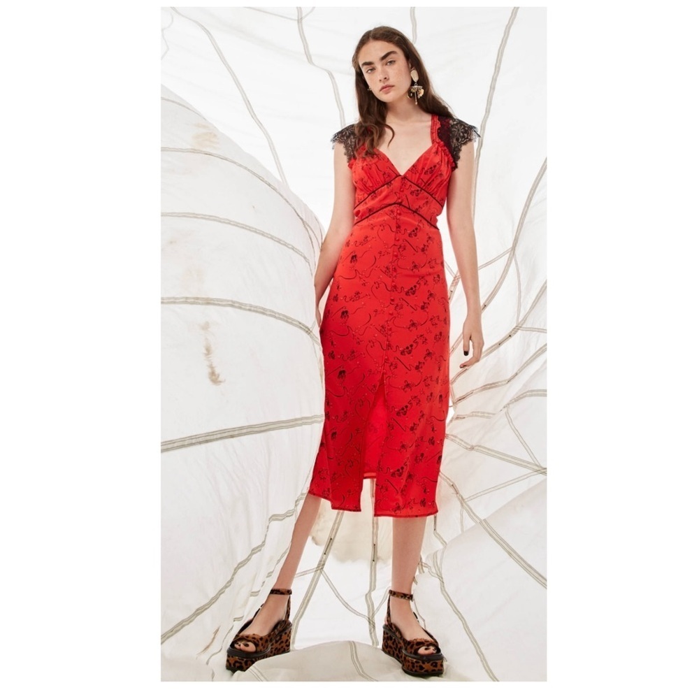 Tanya Taylor | Zodiac Print Silk Lace Kara Midi Dress Red | 6